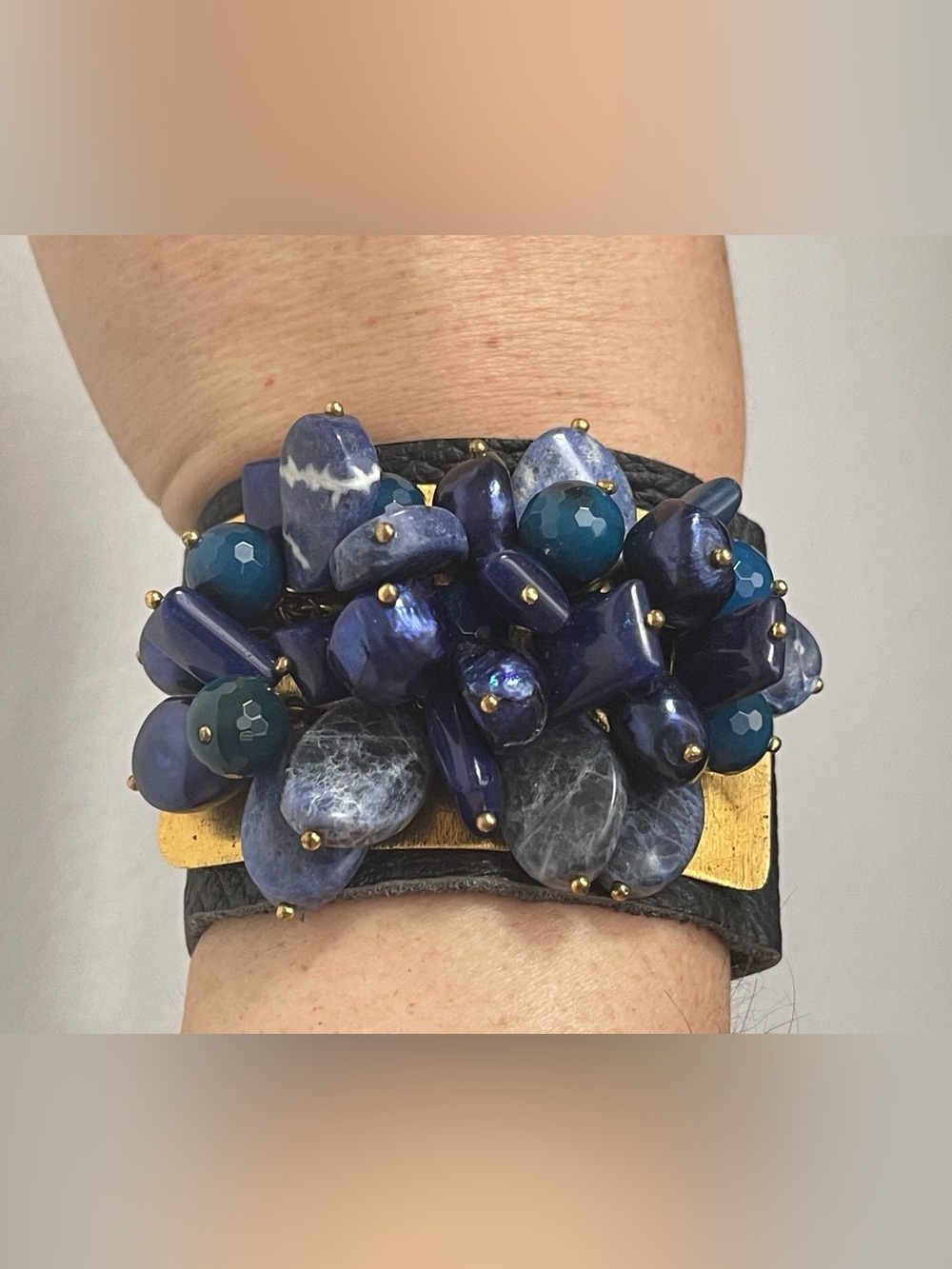 Chunky Blue Bead Cluster Bracelet with Gold Accents - Women Jewelry Handmade